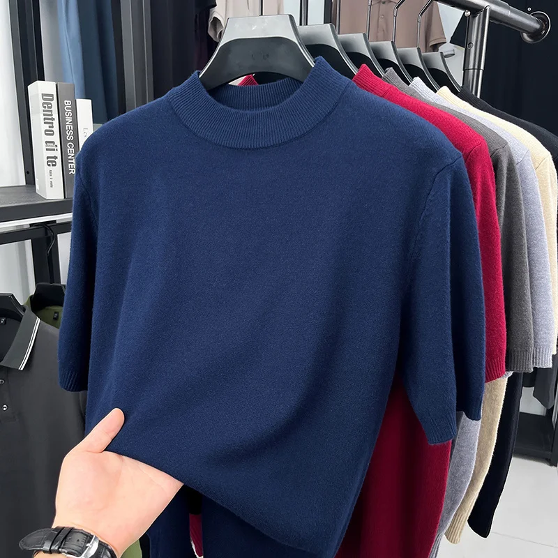 Herren Einfarbige Mock-Neck Kurzarm-Strick-T-Shirts Lässige Basis-Oberteile Weich Dehnbar Knitterfrei Für Alle Jahreszeiten Geeignet – Detail 14