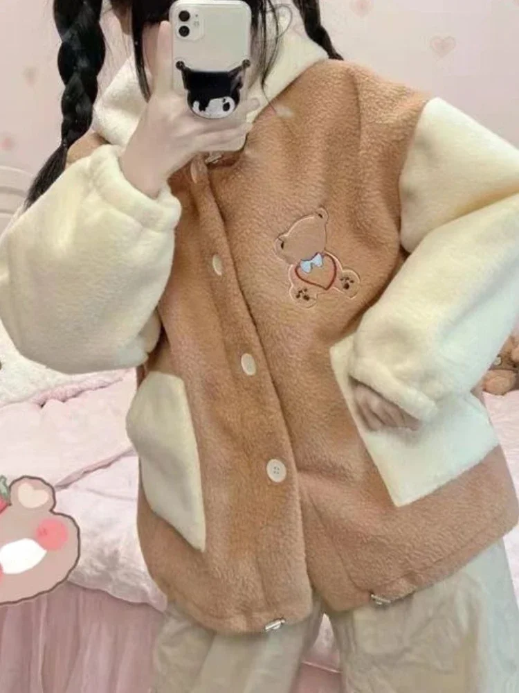 

Японское милое шерстяное пальто в стиле Лолиты, женское свободное корейское повседневное пальто, теплая зимняя и осенняя милая куртка с капюшоном и карманами, 2024