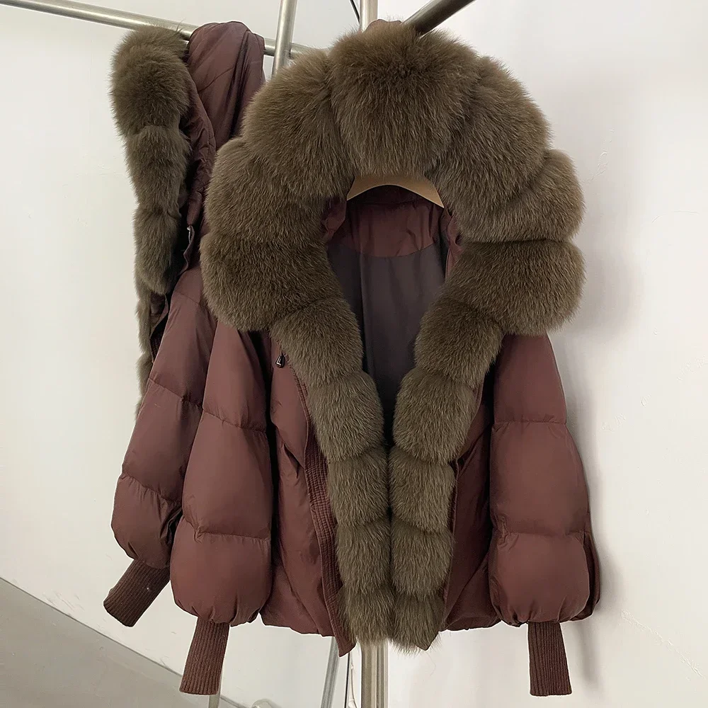OFTBUY Neuer Wintermantel für Damen, Vollumhüllter Oversize-Mantel mit Echtfuchspelzkragen, Gestrickten Manschetten, Puffärmeln, Kurzer Daunenpuffermantel – Detail 24