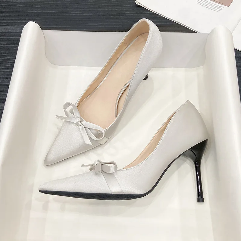 

Women French Style Pointed Stiletto High Heels Luxury Sexy Fashion Bow Fairy Wind Bridesmaid Shoes Bridal Pumps