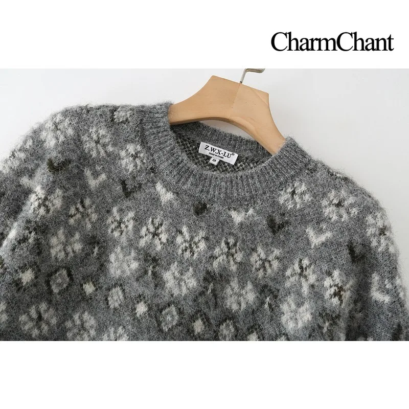 CharmChant グレー フェアアイル プリント クルーネック セーター 女性用 オーバーサイズ ダメージ加工 ニットウェア ジャンパー 長袖 トップス プルオーバー 女性用
