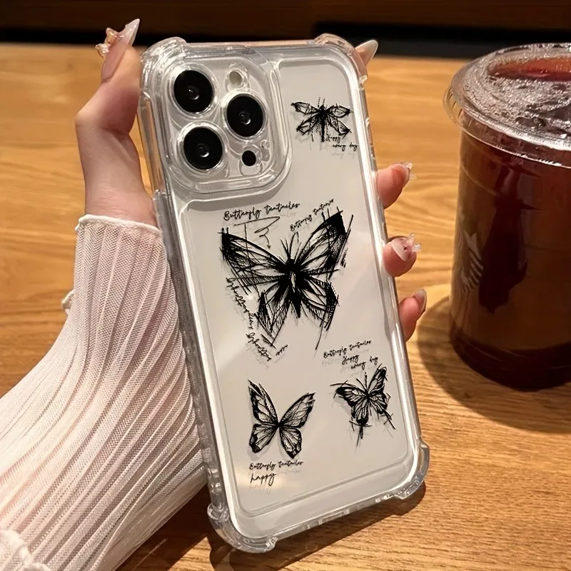 

A Soft Transparent Four-Cornered Anti-Drop Striped Butterfly Print Phone Case For iPhone 17 Pro Max 16 Plus 15 14 13 12 11 Cover