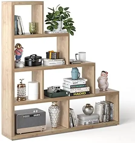 6 Cubes Bookshelf, Freestanding 6-Cube Stepped Etagere Bookcase, L Shaped Ladder Corner Open Bookshelf, Wood Storage Display She