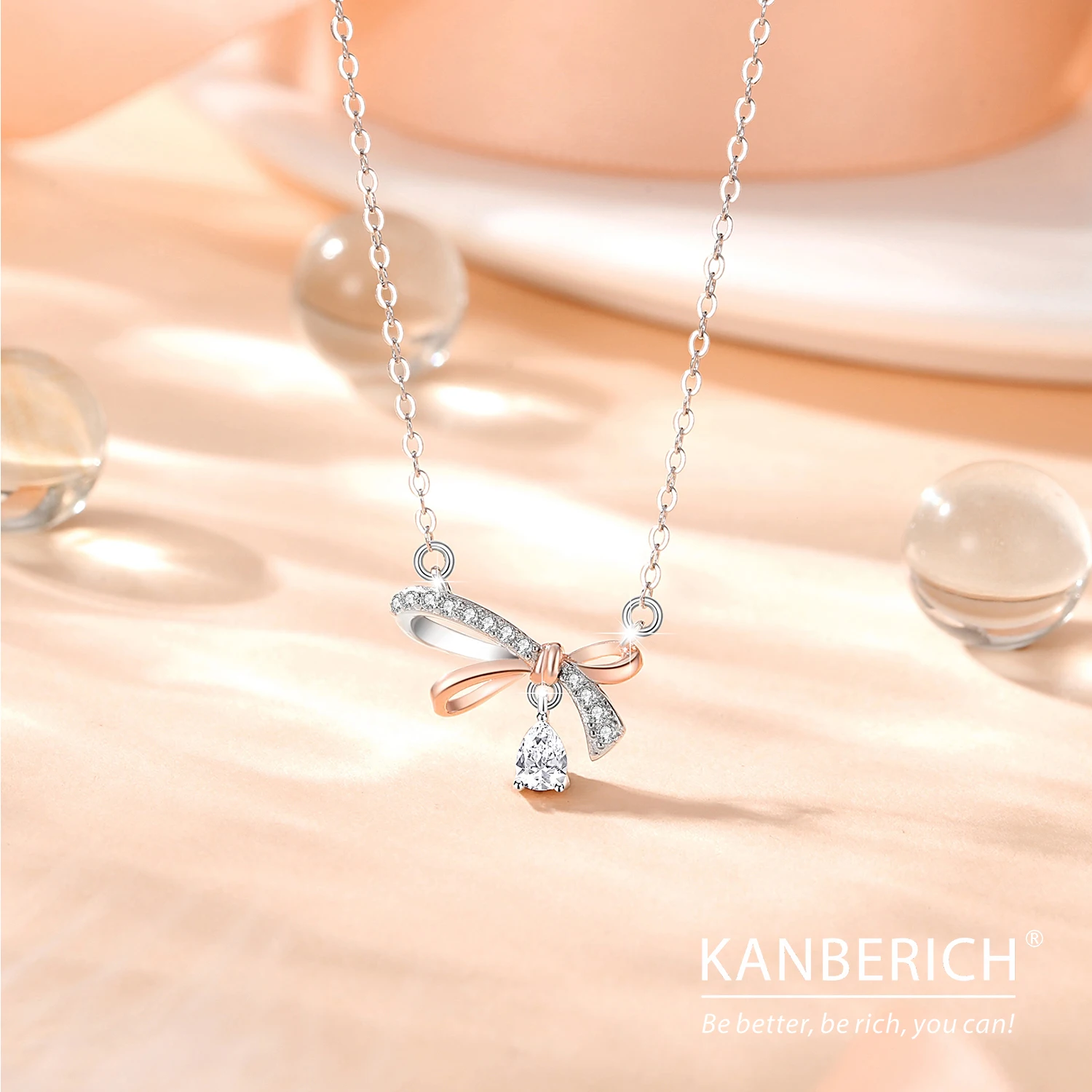 Kanberich S925 Real Sterling Silver Cubic Zirconia Sweet Girly Bow Couple Pendant Clavicle Chain Necklace