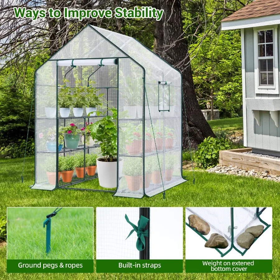 Ohuhu Outdoor Greenhouse with 3 Tiers and 12 Shelves: Heavy Duty Reinforced Plastic PE Cover Walkin Indoor Plant Stand for Gard