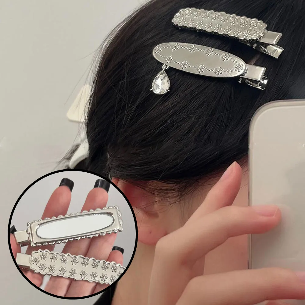 Mirror Metal Silver Duckbill Clip Unique Design 3D Flower Hairpin Vintage Sweet Side Bangs Clip Women Headwear Hair Accessories