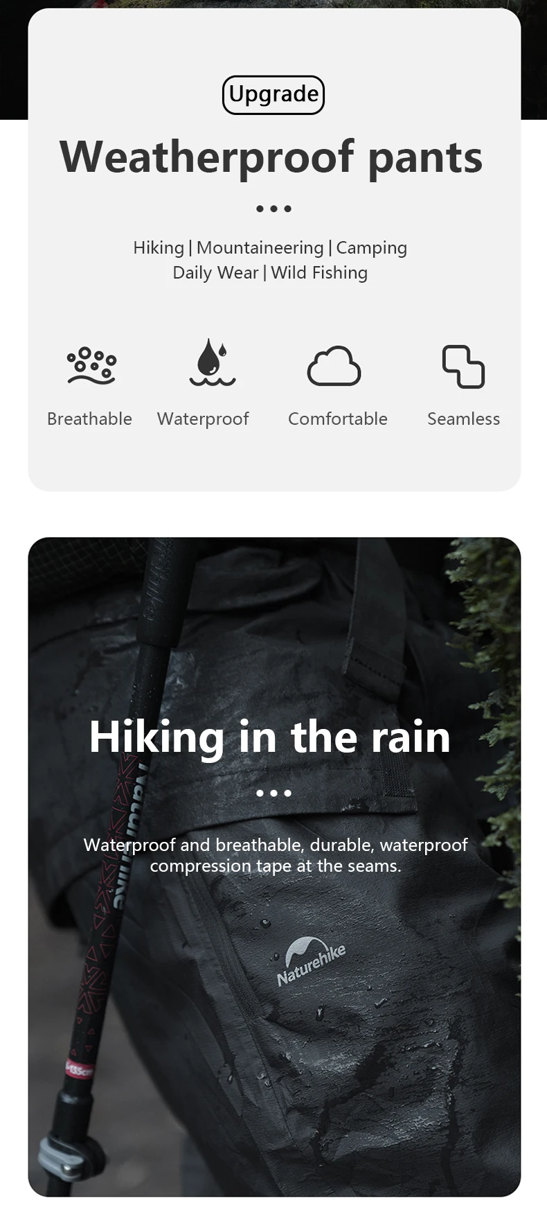 Description Picture 4 of itemNaturehike Men Hiking Climbing Rainproof Pants Portable Ultralight Rainpants Outdoor Windproof Waterproof Camping Rain Trousers