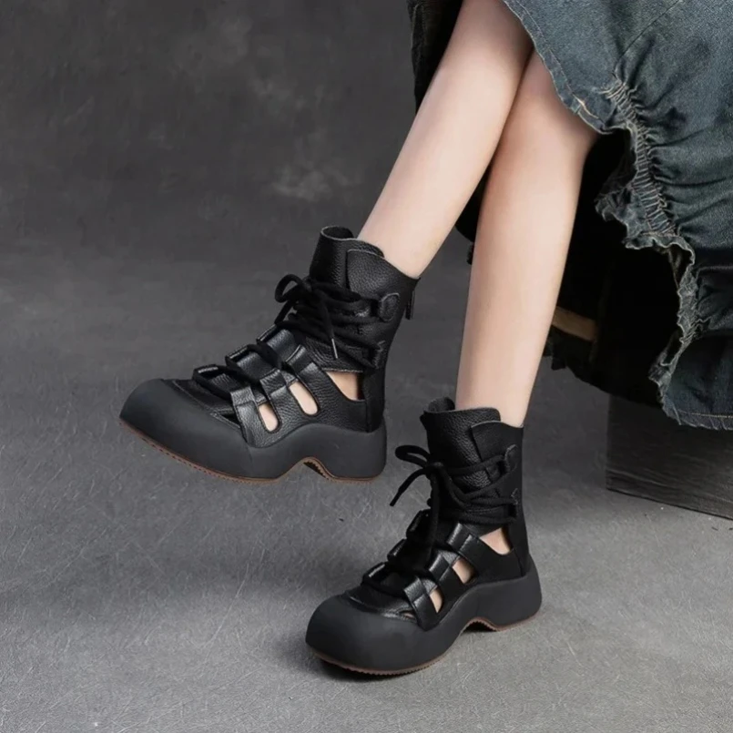 2025 4cm botas de cuero genuino de malla de aire sandalias botines huecos mujeres mocasines de chimenea zapatos de motocicleta de verano de moda