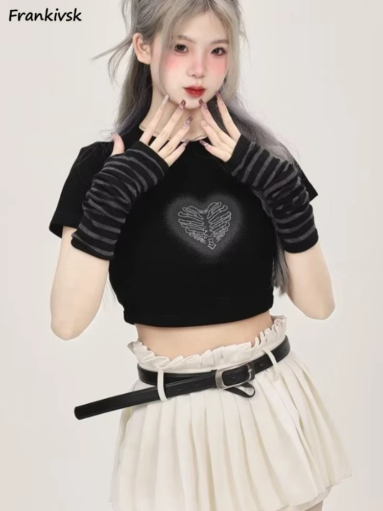 Solid Crop Tops Heart-print Summer New Fashion Breathable Daily Streetwear Japanese Style Vitality Sweet All-match Y2K Clothing