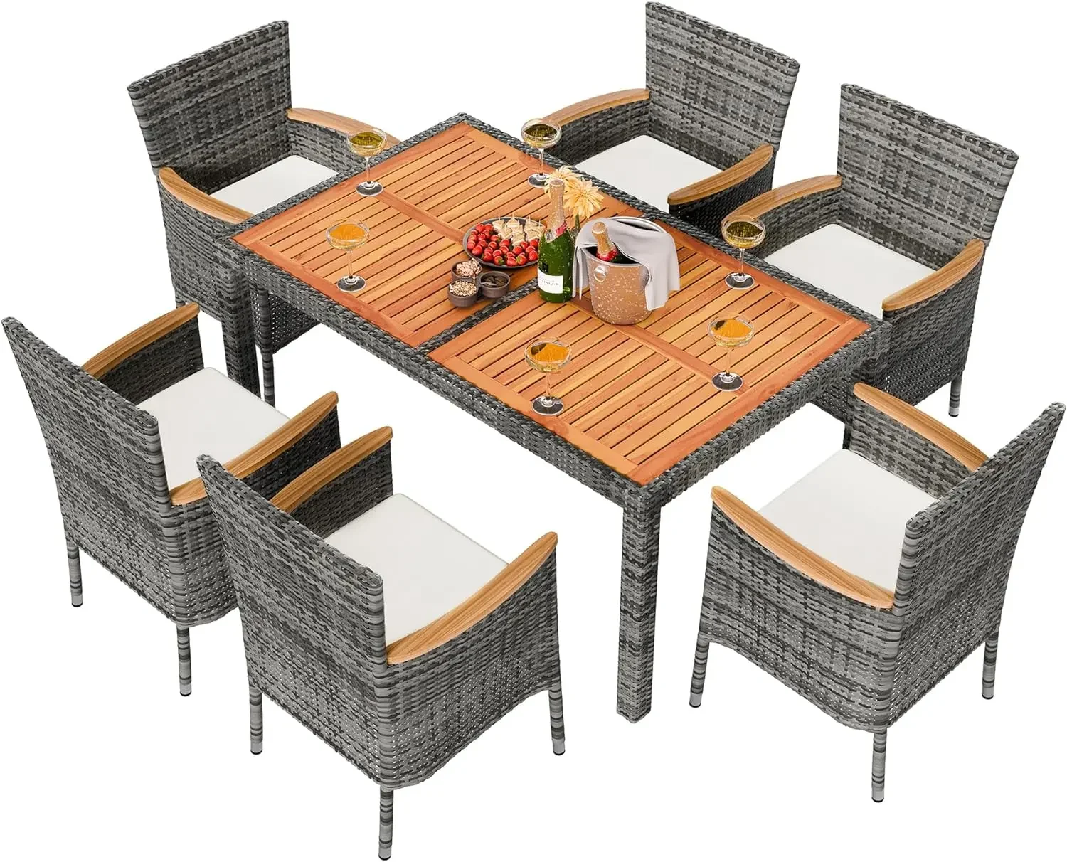 for 7 Piece Patio Dining Set, Wicker Patio Conversation Set with Wood Table Top, Outdoor Table and Chairs with Soft Cushi