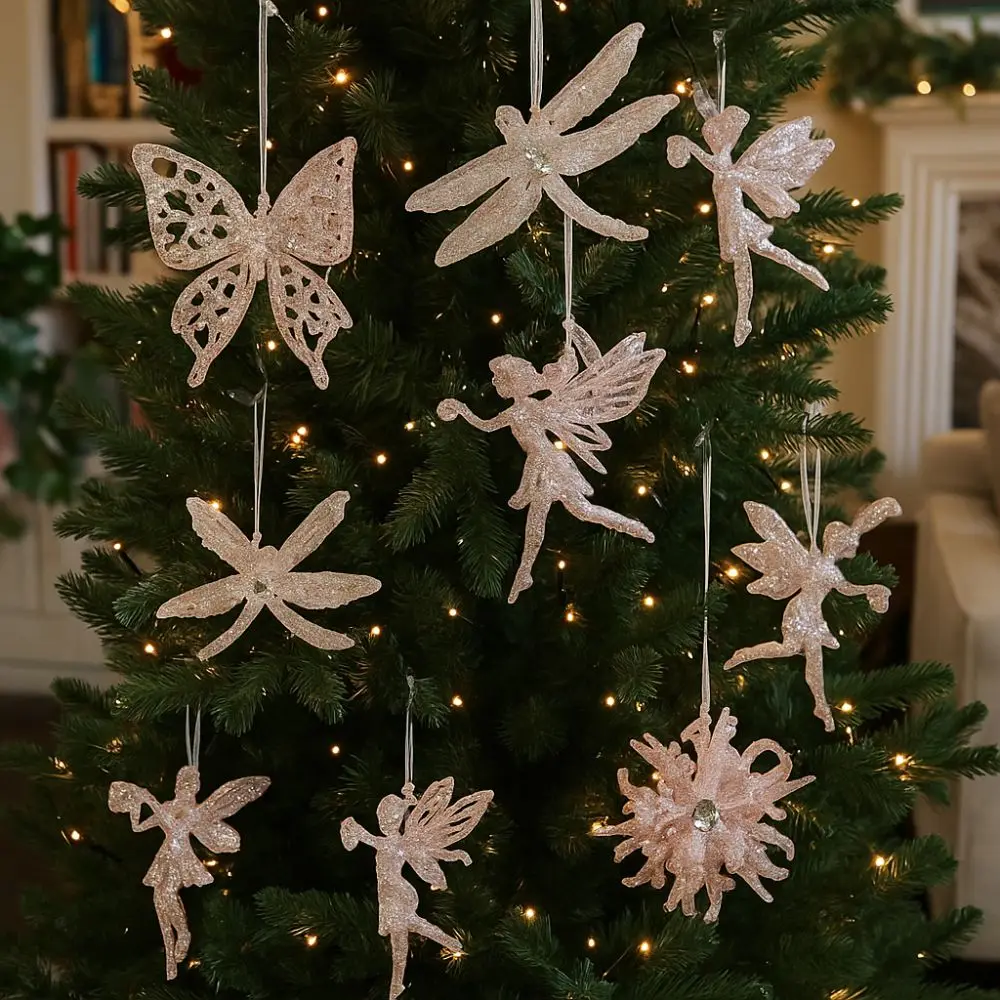 

Glitter Christmas Tree Pendant Slightly Sticky Plastic Snowflake Ornament Cartoon Candy Butterfly Xmas Hanging Ornament