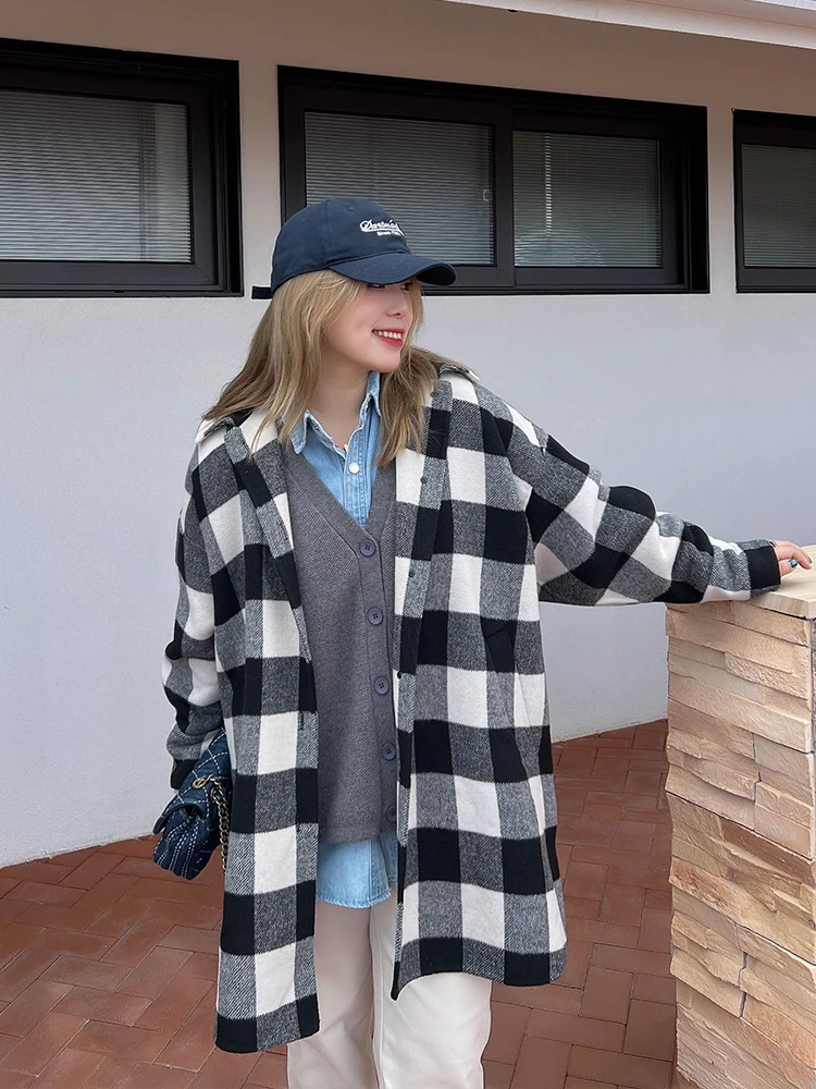 

Пальто женское двустороннее шерстяное Vogana большого размера, повседневное, в клетку, утепленное, в корейском стиле, осенне-зимняя верхняя одежда