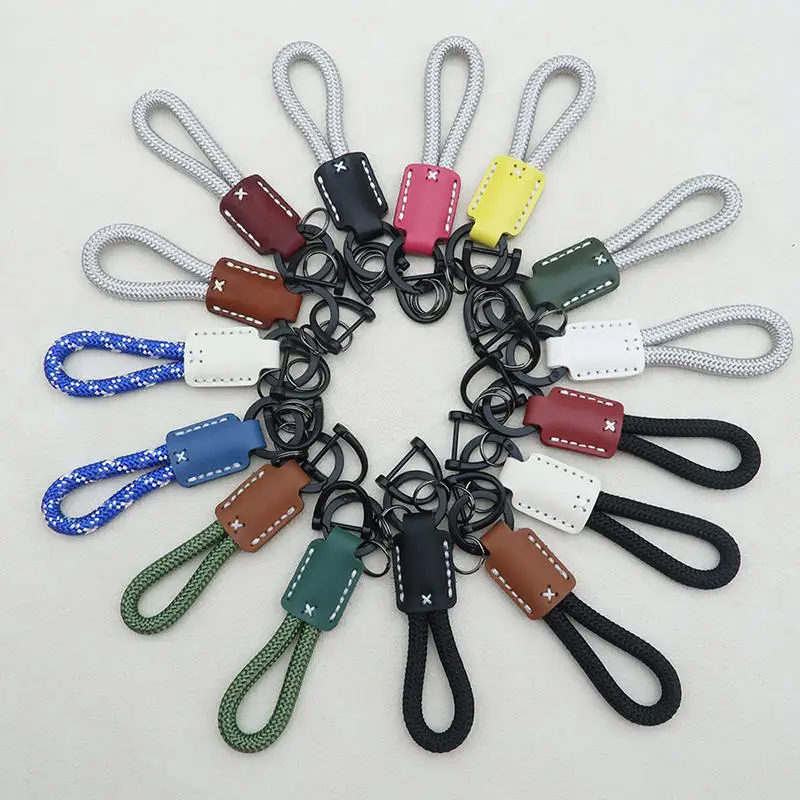 Premium Key Buckle Braided Lanyard With Leather Accent Nylon Wrist Strap Outdoor Anti-Lost Keychain Secure Phone Tether