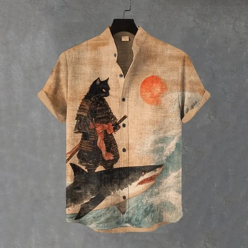 Men's fashionable black cat warrior Japanese ninja high-definition pattern printed short-sleeved button shirt