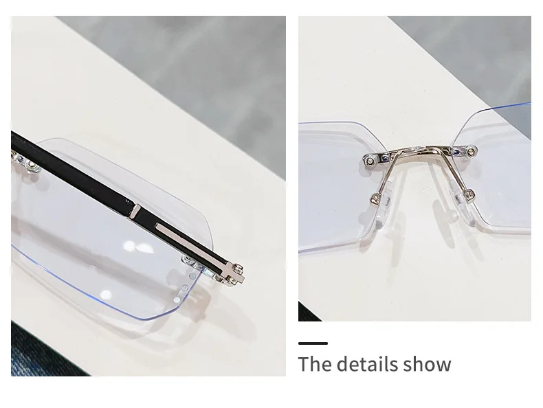 Modische rahmenlose Lesebrille mit Schnittkante, photochrome Anti-Blaulicht-Brille, modische Brille für Herren und Damen – Detail 6