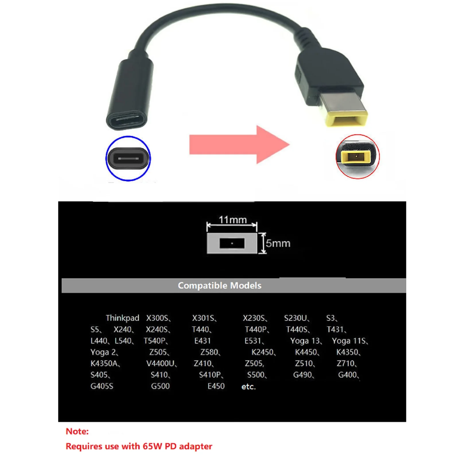 65W USB Type C Female to Square Slim Tip Charging Cable PD Charger Power Cord For Lenovo For ThinkPad Tablet Accessories