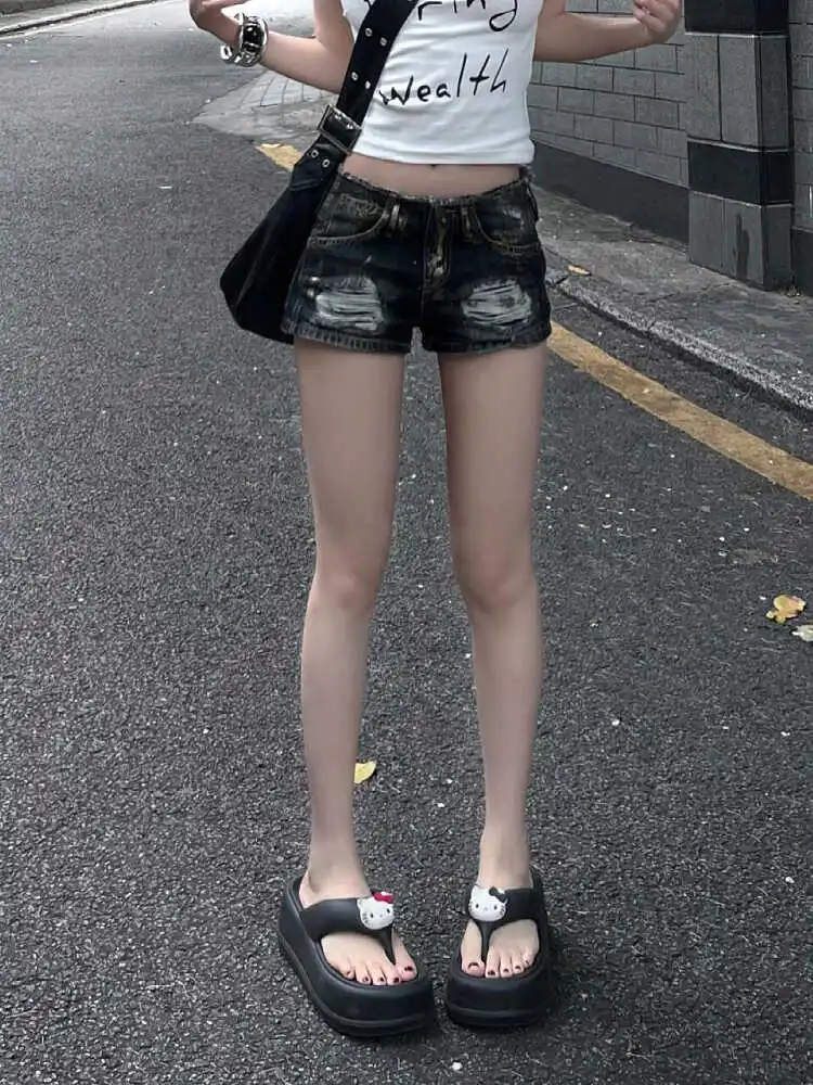 

American Style Retro plus Size Heavy Duty Washed Denim Super Short Pants Women Low Waist Slimming Sexy Butt Hugging Trendy