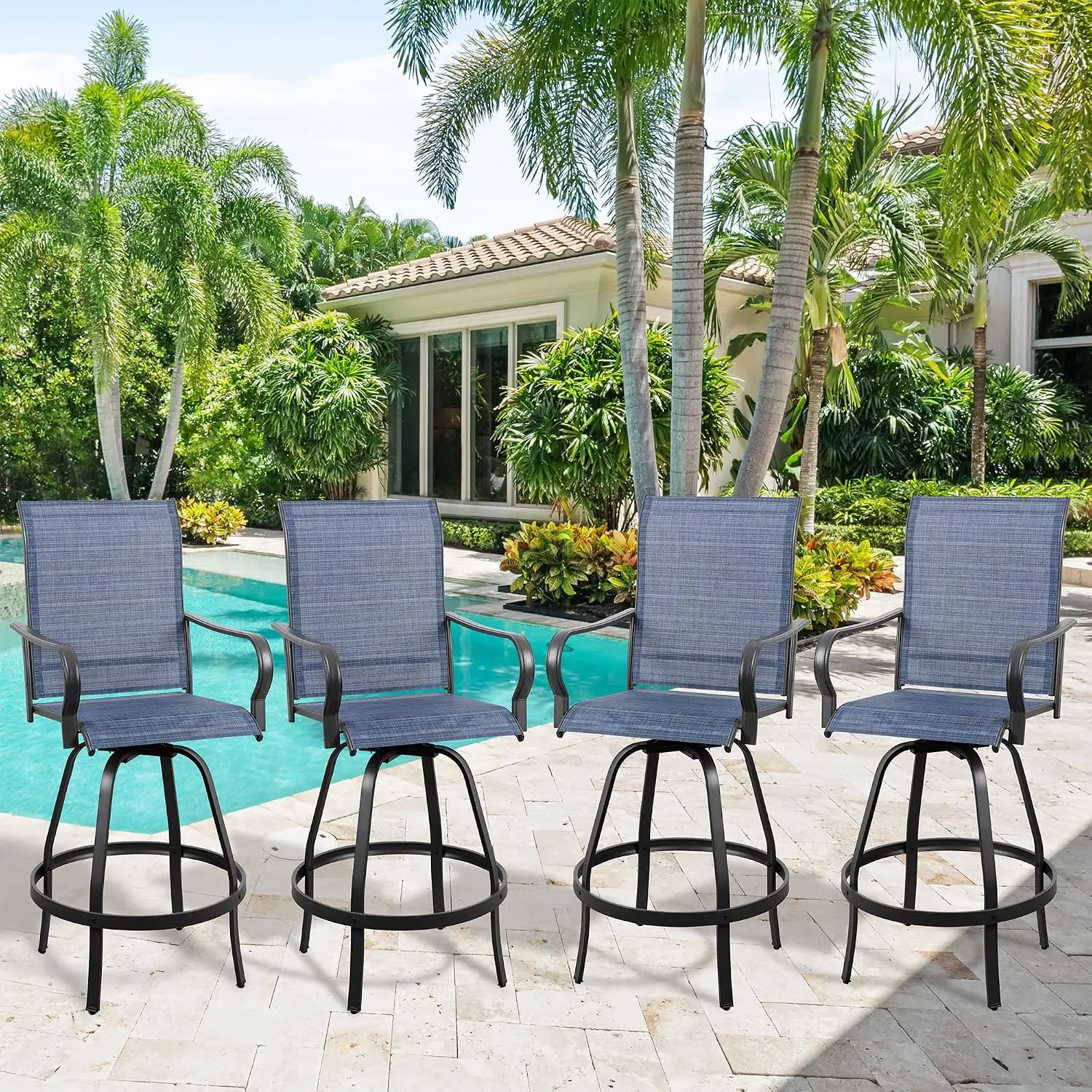 4pc Swivel Bar Stools Set, All Weather Metal Textile Outdoor High Bistro Furniture for Backyard Lawn Garden Balcony, Customized