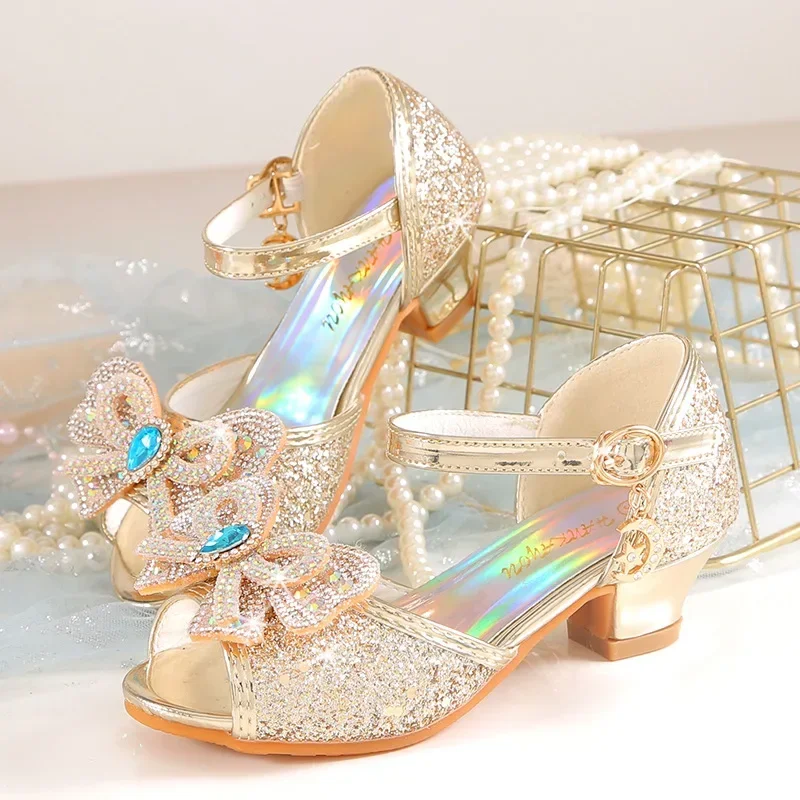 Summer Girls Sandals With Heel Fashion Rhinestone Shiny Glitter Shoes Children Princess Bowtie Pearl Dancing Shoes