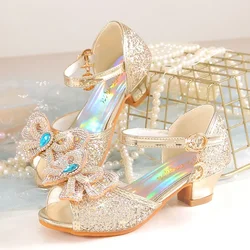 Summer Girls Sandals With Heel Fashion Rhinestone Shiny Glitter Shoes Children Princess Bowtie Pearl Dancing Shoes