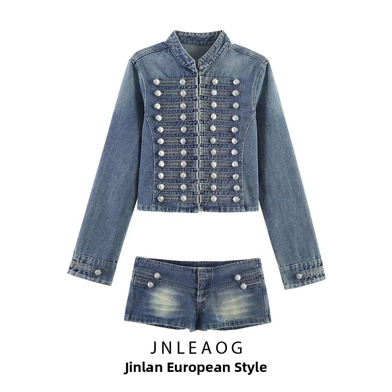 JNLEAOG Summer New Women's Fashion Jeans Jacket with Rivet Design And Hot Girl Short Pants Two Piece Set Low Waist Short Length
