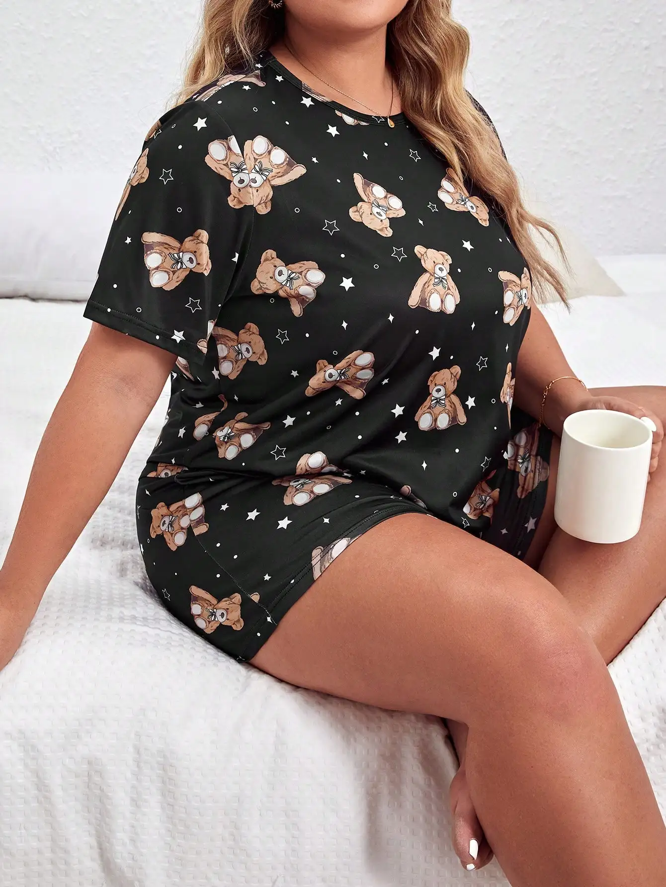 Summer cute cartoon bear printed short sleeved top&shorts oversized women\'s pajamas home clothing set