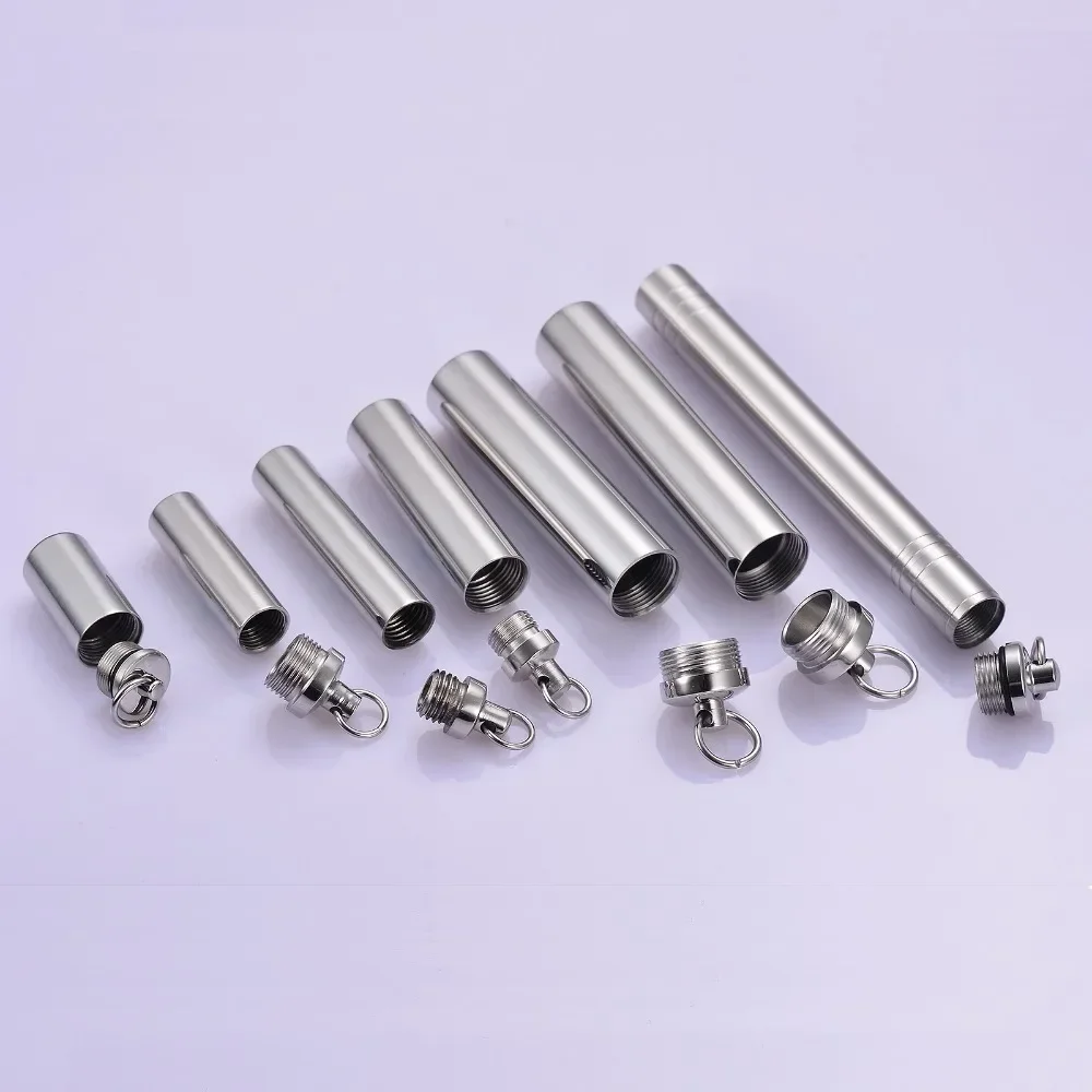 Men Stainless Steel Jewelry Pill Case Holder Cylinder Urn Pendant Memorial Necklace 2 Sizes Beaded Chain 20\