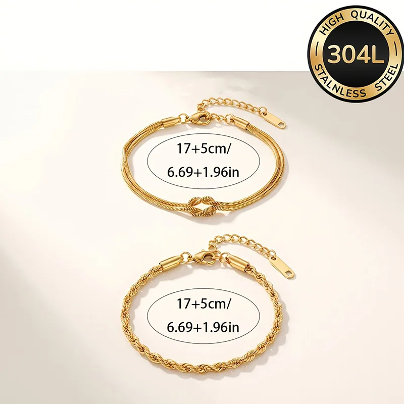 2pcs 18K Gold Plated Stainless Steel Bracelets Waterproof NonTarnish Stackable Layered Elegant Daily Party Holiday Gift