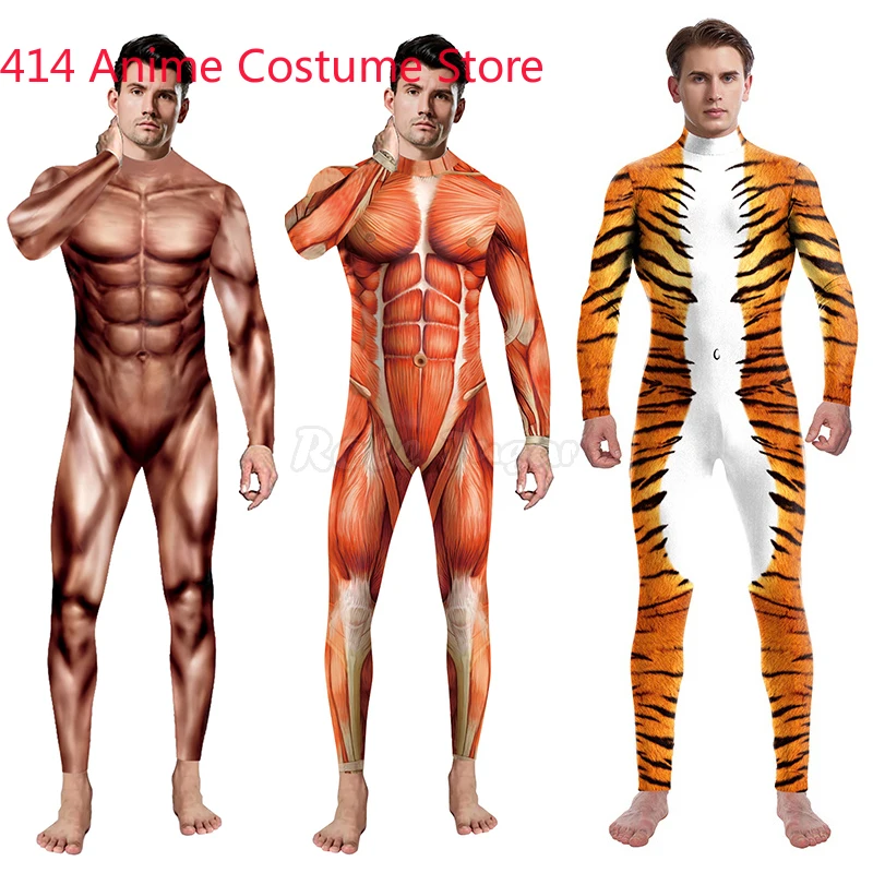 Sexy Men Women Halloween Costumes Animal Party Zentai Catsuit Suit Tiger Snake 3D Print Muscle Cosplay Bodysuit Jumpsuits