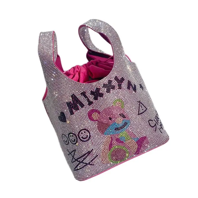 Cute Bear Graffiti Cartoon Printing Bucket Bag Crystal Shiny Rhinestone Diamond Evening Clutch Bag Bling Purse Women's Handbag