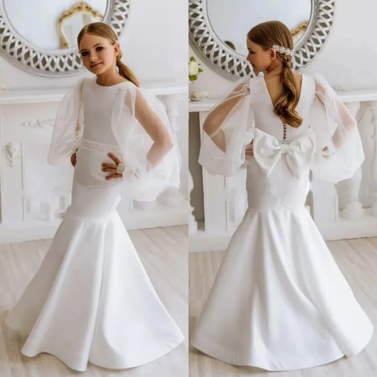 Customized White Flower Girl Dress For Wedding Bowknot Pearls Long Sleeve Floor Length Kids Birthday First Communion Gown