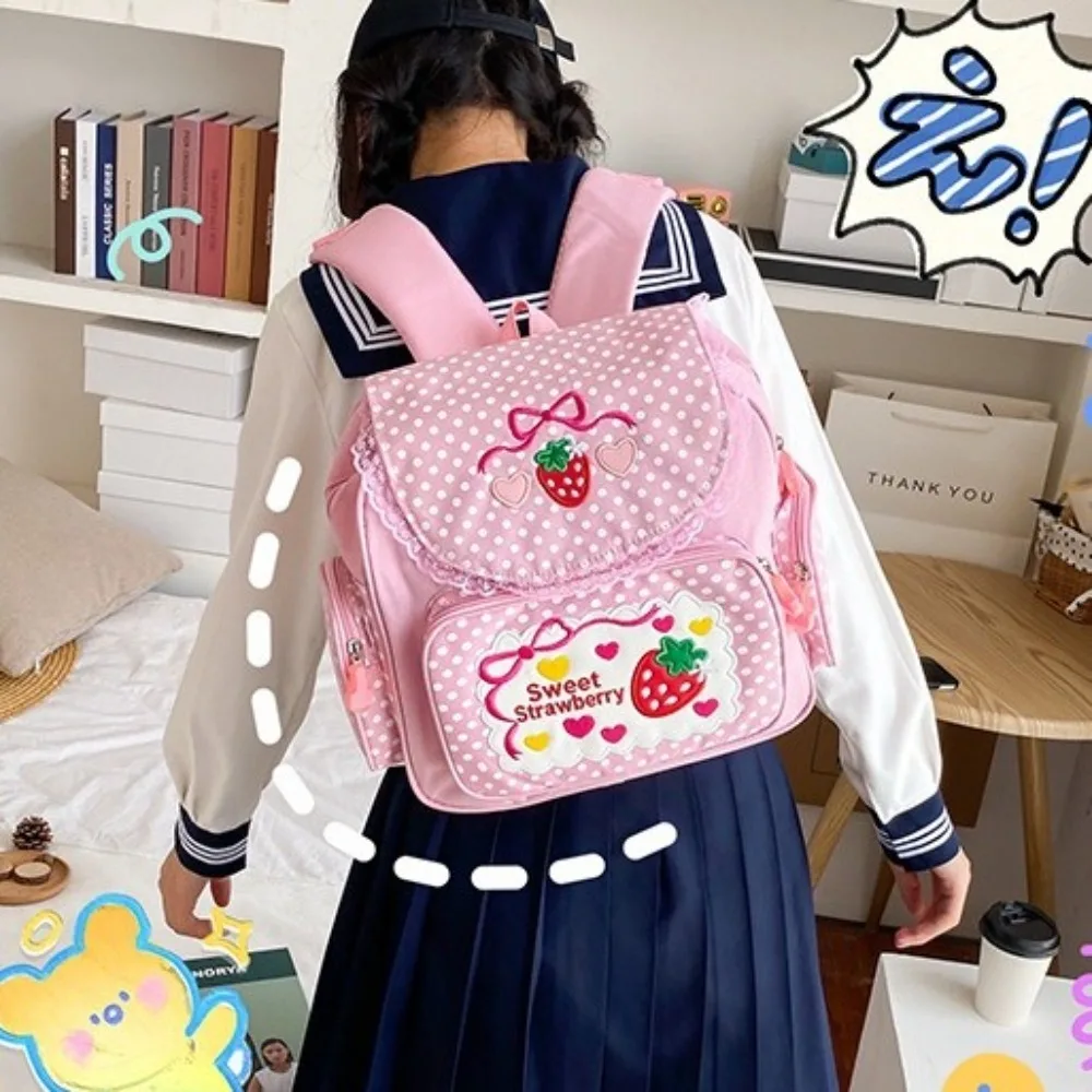 Kawaii Cartoon Strawberry School Bag Embroidery Mochila Dots Girl Backpack Bow Fruit Student Rucksack Women