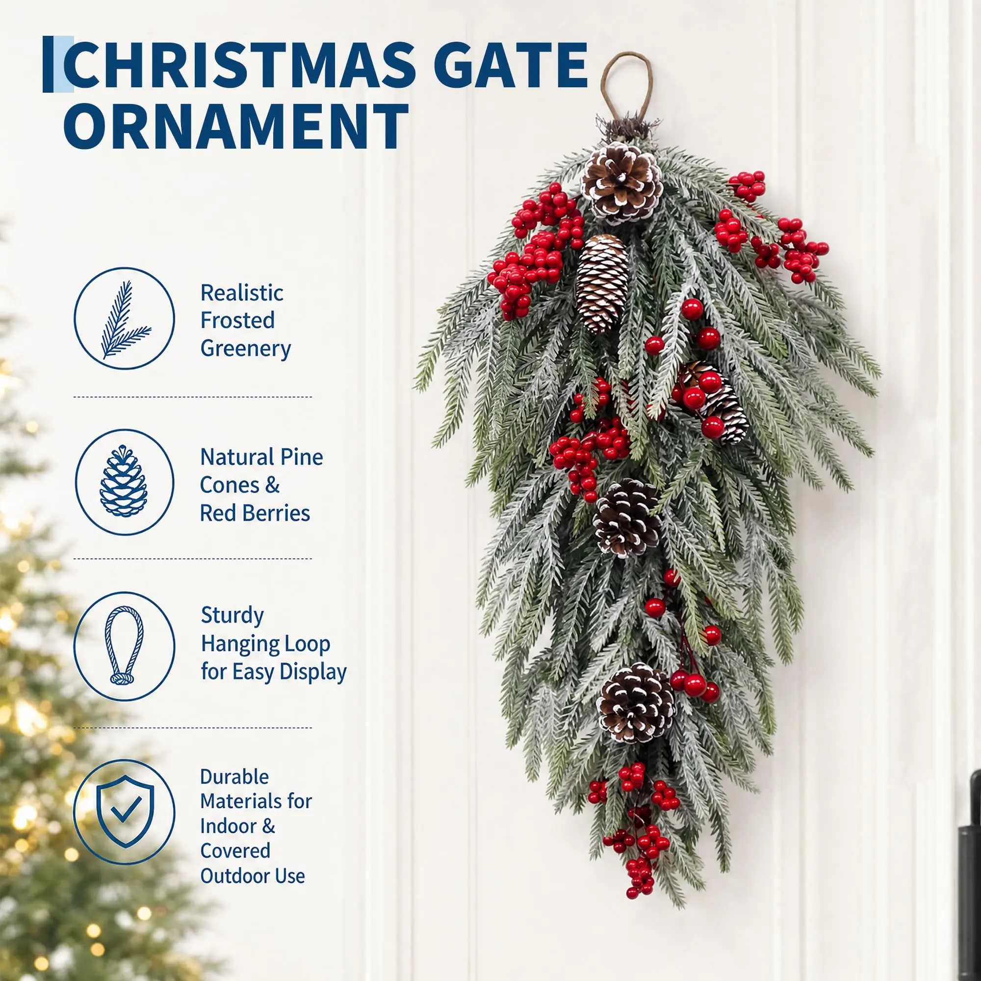 24 Inch Pre Lit Flocked Christmas Teardrop Swag With Timer 8 Lighting Modes Snow Flocked Artificial Pine Door Swag With Red Berries And Pinecones Winter Holiday Decor For Front Door 3