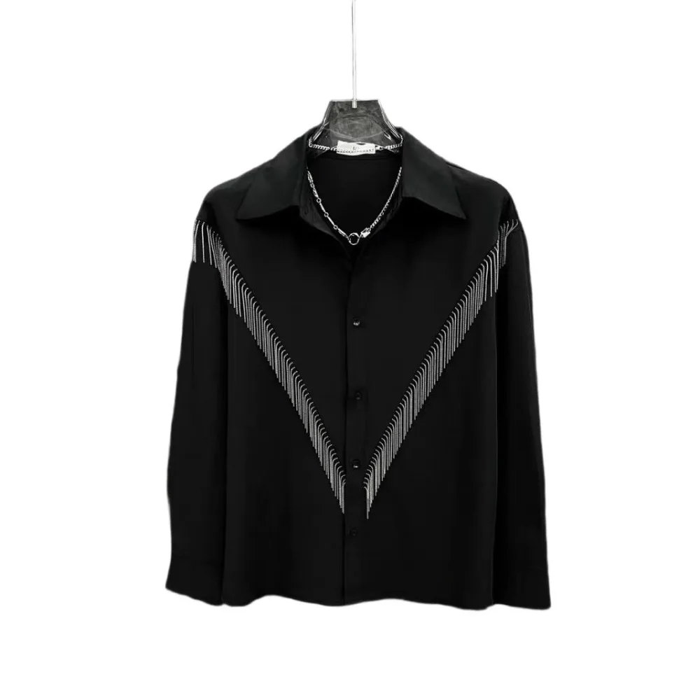 High Street Black Long Sleeved Shirt Tops Men's Spring and Summer New Korean Casual Patchwork Tassel Streetwear Shirt