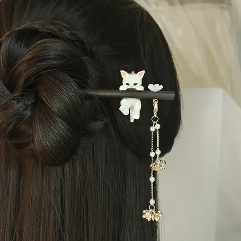 Chinese Style Hairpin For Women Creative Cat Flower Tassel Hair Stick Cute Kitten Ornament Wooden Hairpin Hair Accessories 1pc