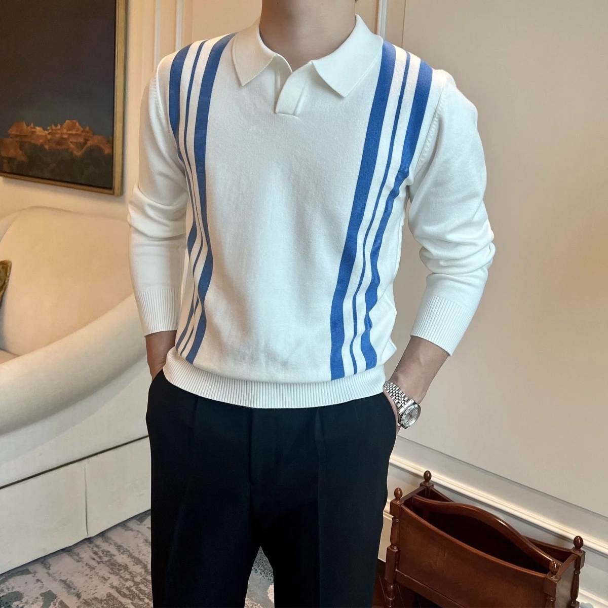 

Men's Knitted Slim Fit irt Casual Stripe Pattern Retro Briti Sle Spring Autumn New Arrival Polyester Fiber Busines...