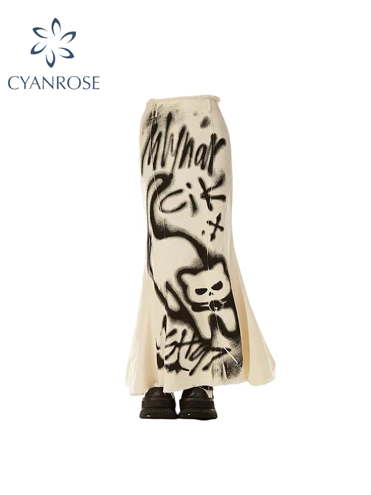 

Women's A-line Trumpet Skirt Vintage Aesthetic Y2k Long Skirt Harajuku Korean Graffiti Skirt 2000s Fashion Clothes Summer 2024