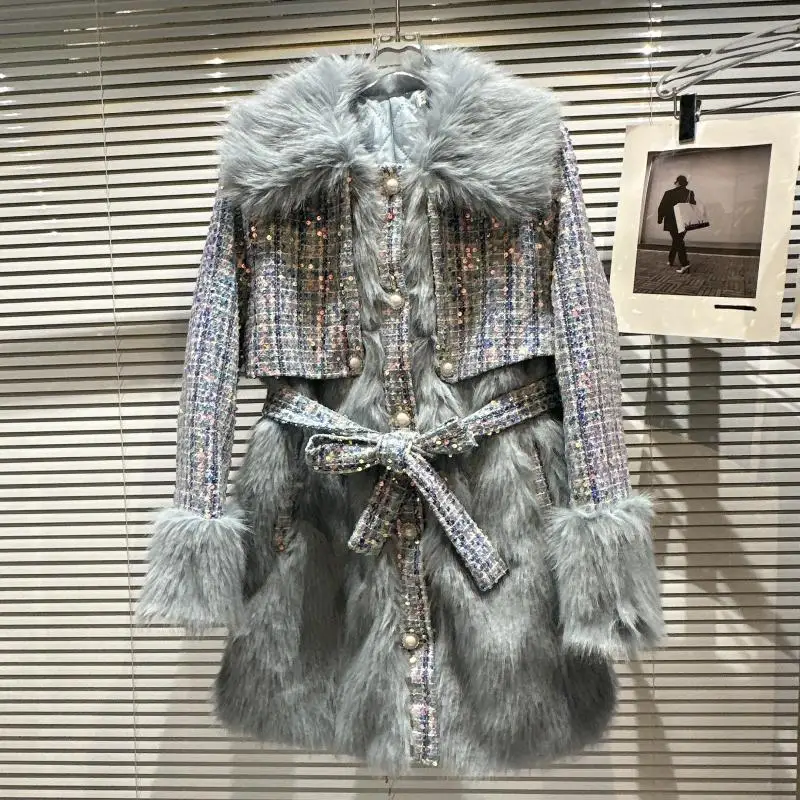 2022 inverno nova moda tweed lantejoulas costura lã meados de comprimento acolchoado trench coat solto emagrecimento doce elegância jaqueta feminina