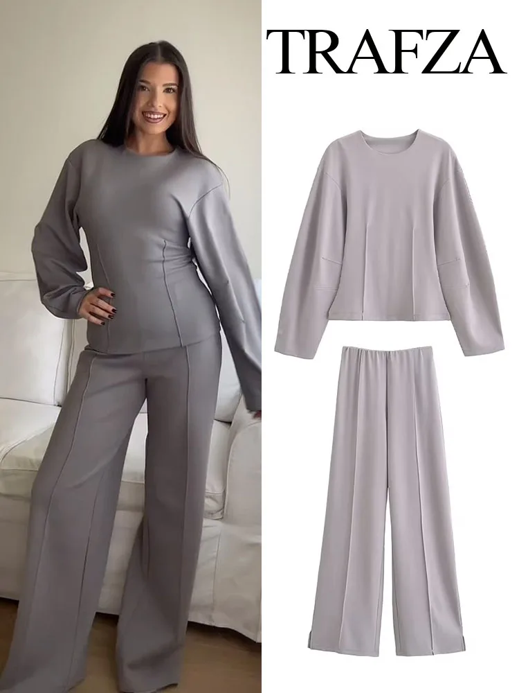 TRAFZA Women's 2-Piece Set Fashion Slimming Double-Sided Fabric Round Neck Long-Sleeve Top+Elegant Stretch Casual Wide Leg Pants