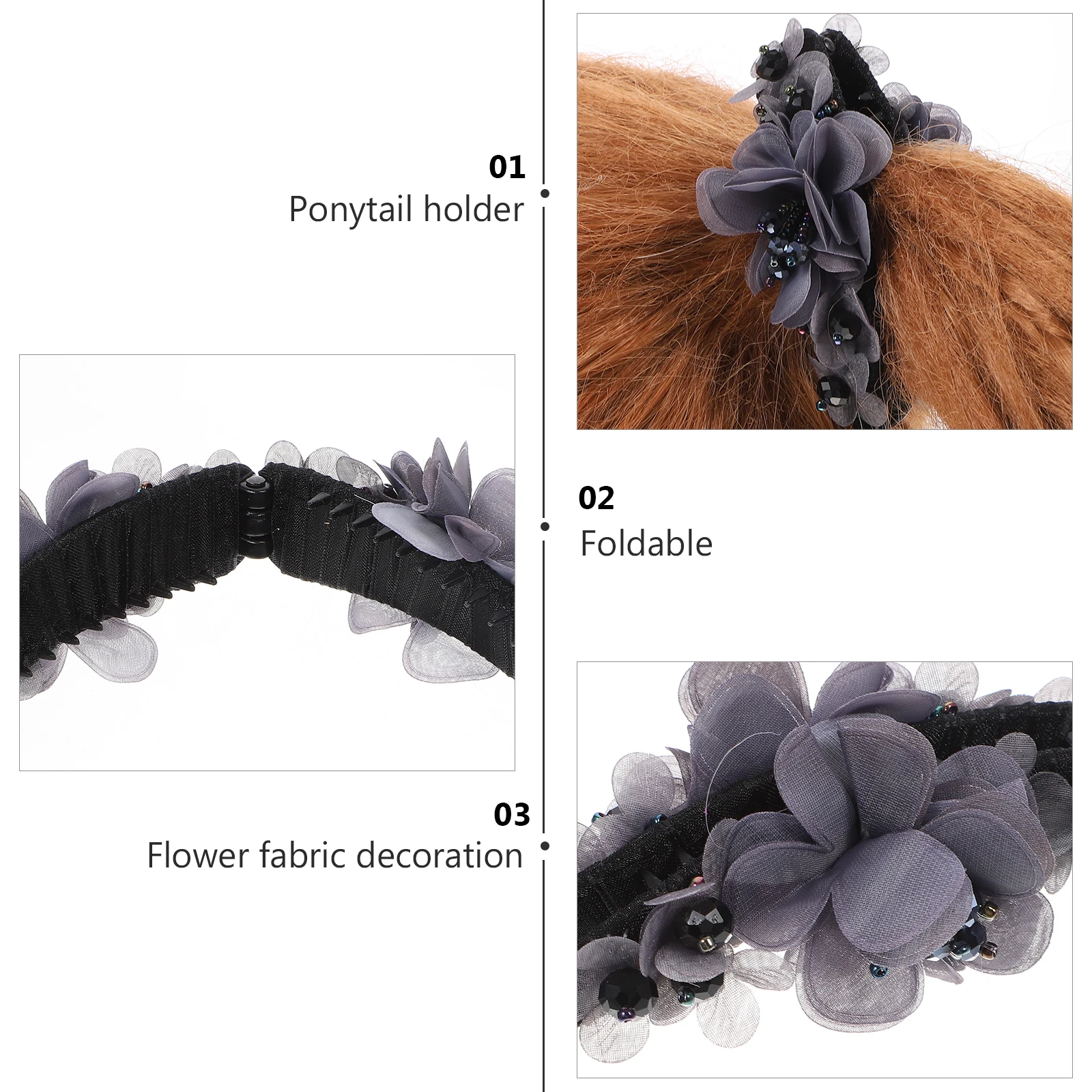 

1Pcs Grey Fabric Flower Beads Banana Hair Clip Ponytail Holder Hair Accessories Durable Stylish All-Day Hold for Women Girls