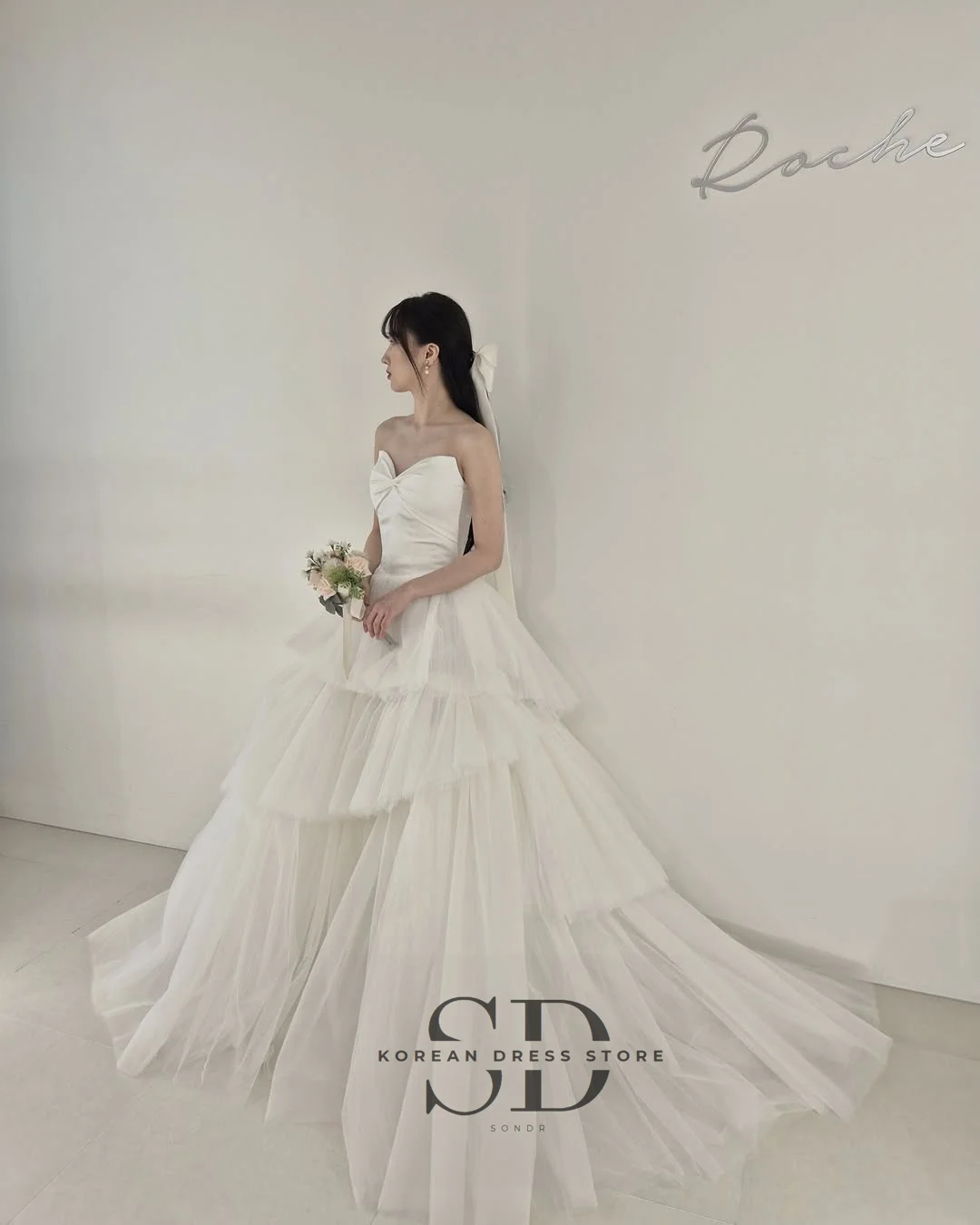 Sondr Strapless Bow Korean Wedding Dresses Tiered Tulle Customized A Line Bridal Gown Princess Wedding Snap Dresses for Bride