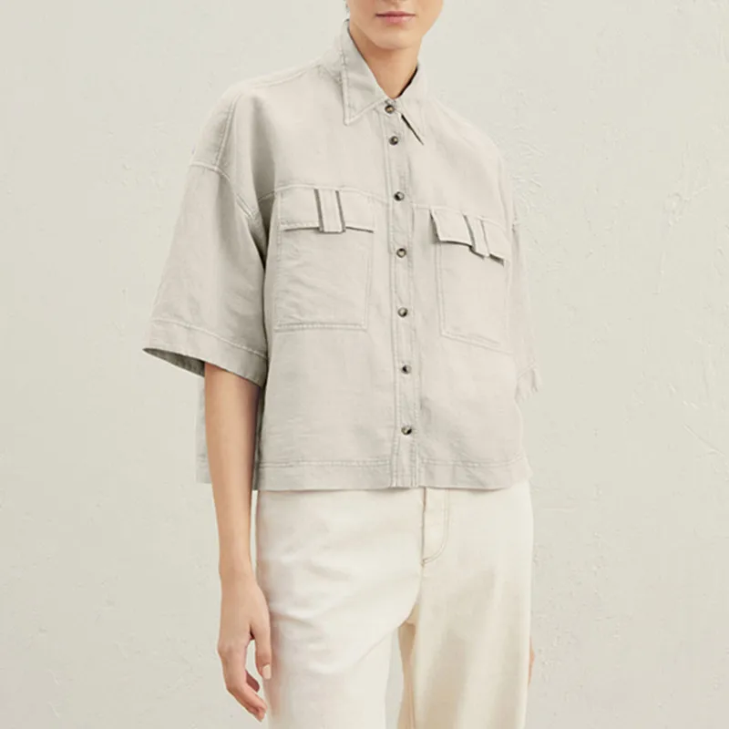 Femmes 2025 printemps nouvelle mode décontracté tout-match coupe ajustée petit haut lin Air à manches courtes