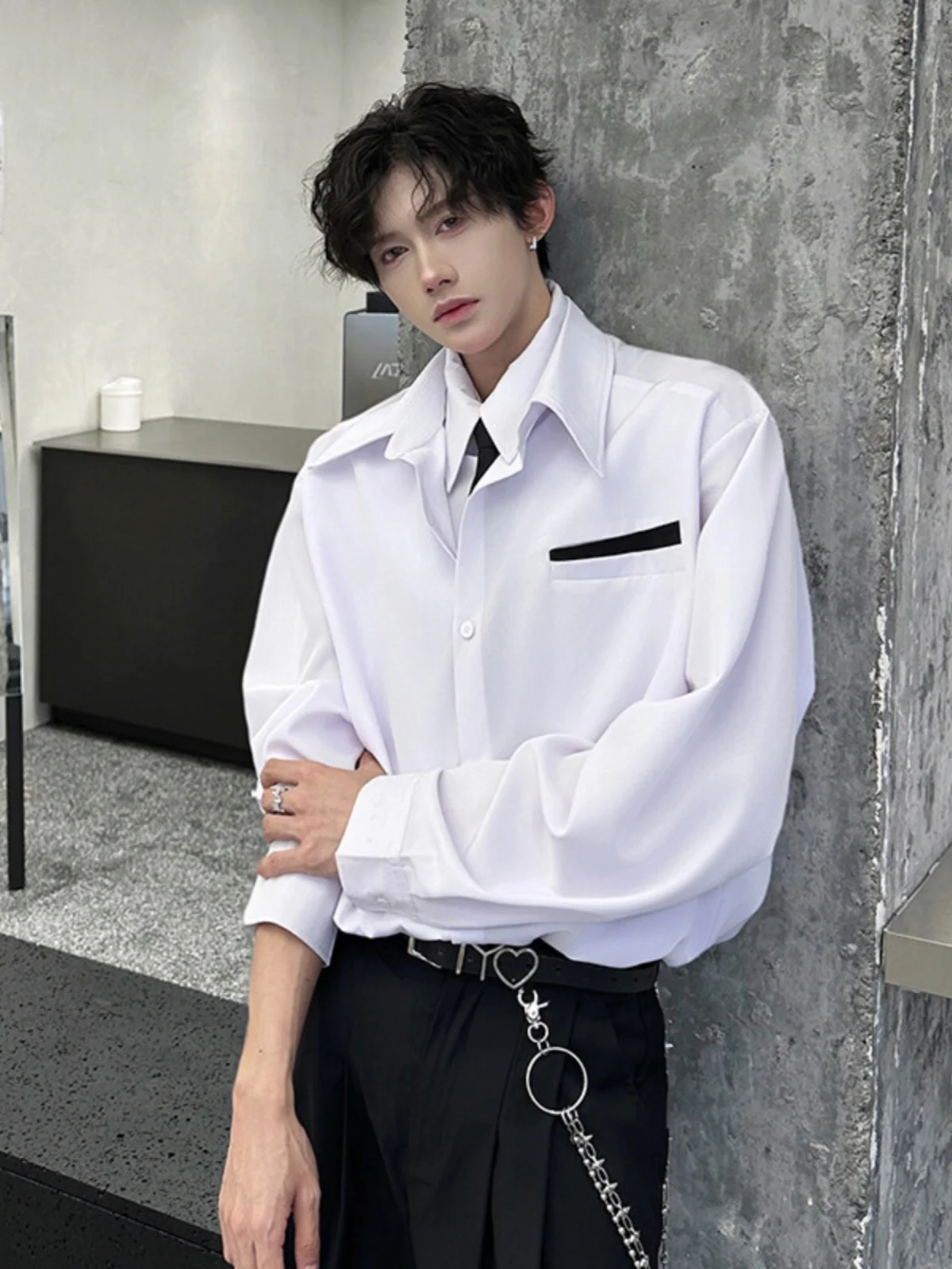 Red Wine Color Men's Spring Autumn Fake Two-Piece irt Trendy Korean Sle Layered Top High-End Feeling Cold Tone irt Jaet