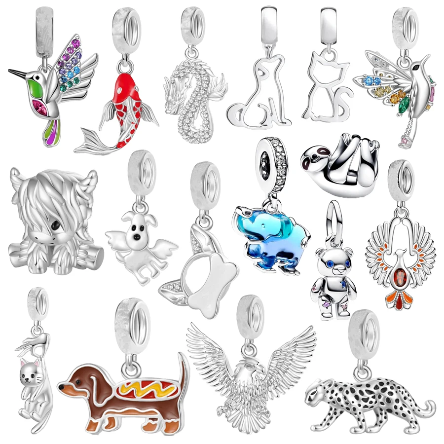 Breloques pendantes en argent regardé 2024, série animale, perles de bricolage, convient au bracelet Pandora original, chien, oiseau, poisson, éléphant, cadeau de bijoux, 925