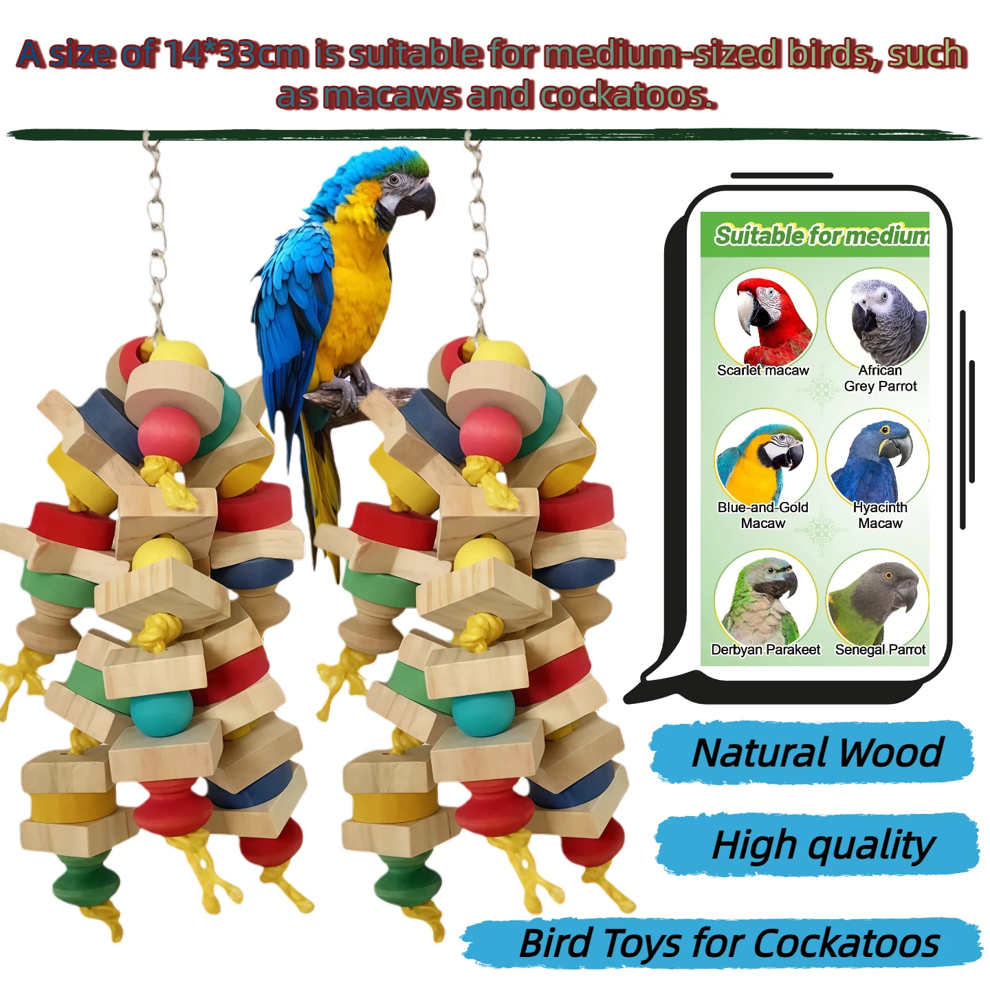 

Multicolored Natural Wooden Blocks Chewing Toys Bird Cage Accessories Bird Toys for Cockatoos Macaws Conures Perfectly Sized