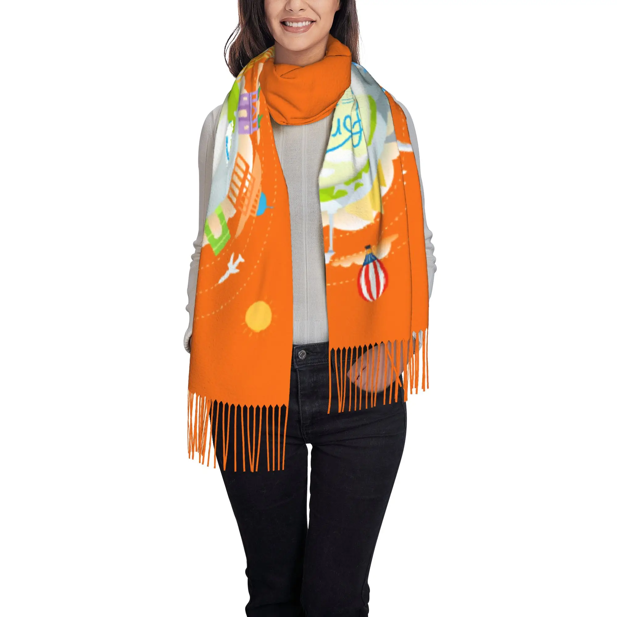 Custom Around The World Low Poly Globe With Global Landmarks Scarf Wrap Women Long Winter Fall Warm Tassel Shawl Unisex  Scarves