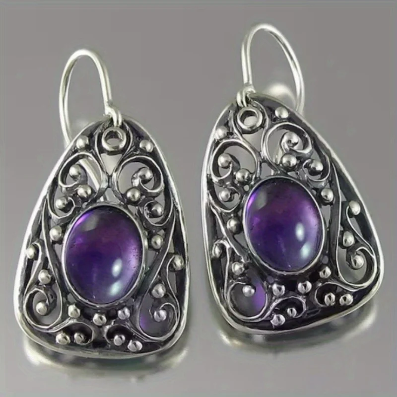 Silvery Vintage Metal Carved Hollow Pattern Pendant Earrings Set with Oval Purple Gemstone Women\'s Ethnic Style Accessories