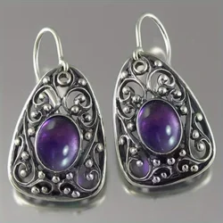 Silvery Vintage Metal Carved Hollow Pattern Pendant Earrings Set with Oval Purple Gemstone Women's Ethnic Style Accessories