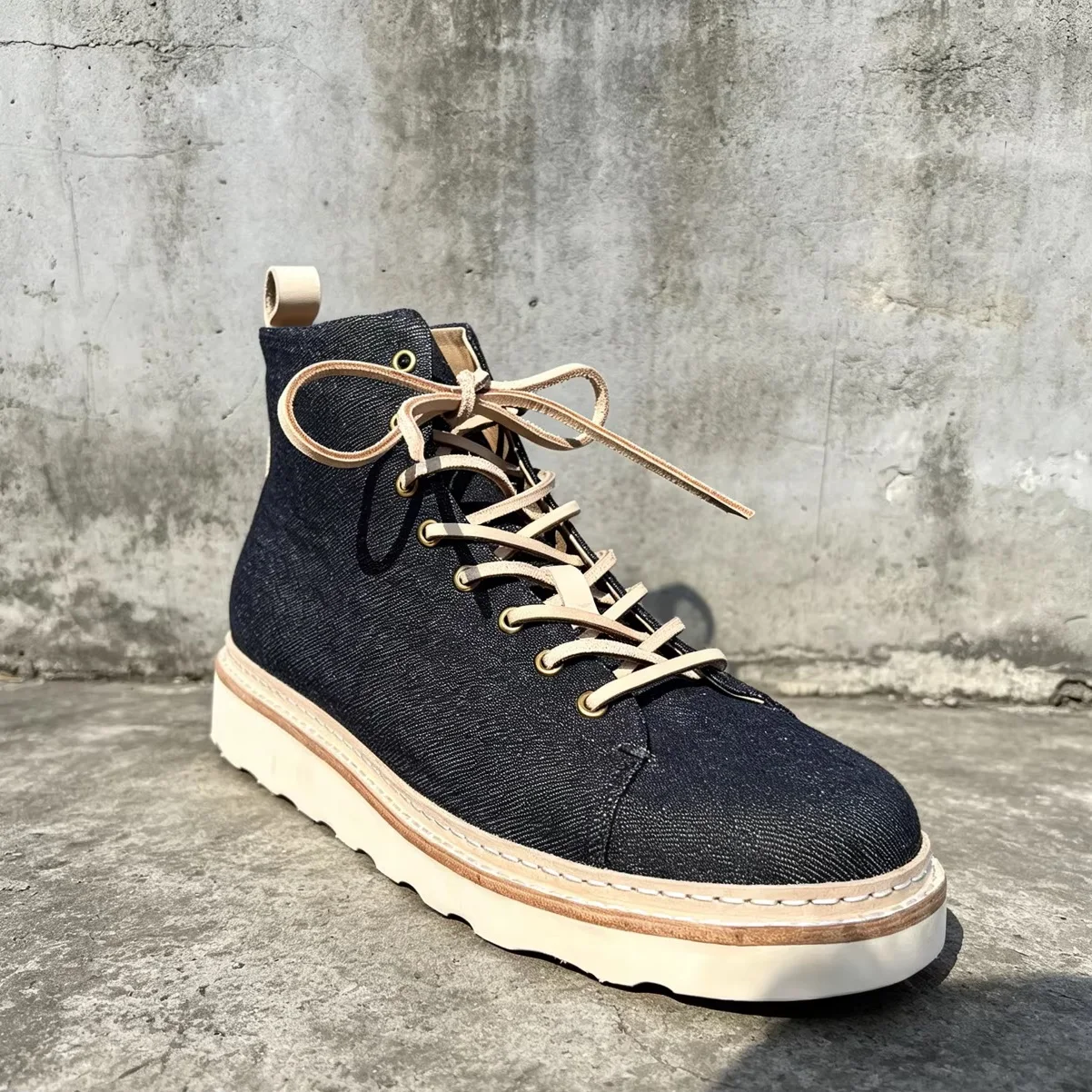 AAL520 Men Hand‑Stitched Denim Ankle Boots Thick Platform Sole Casual Street Boots Durable Non‑Slip Daily Walking Outdoor Shoes