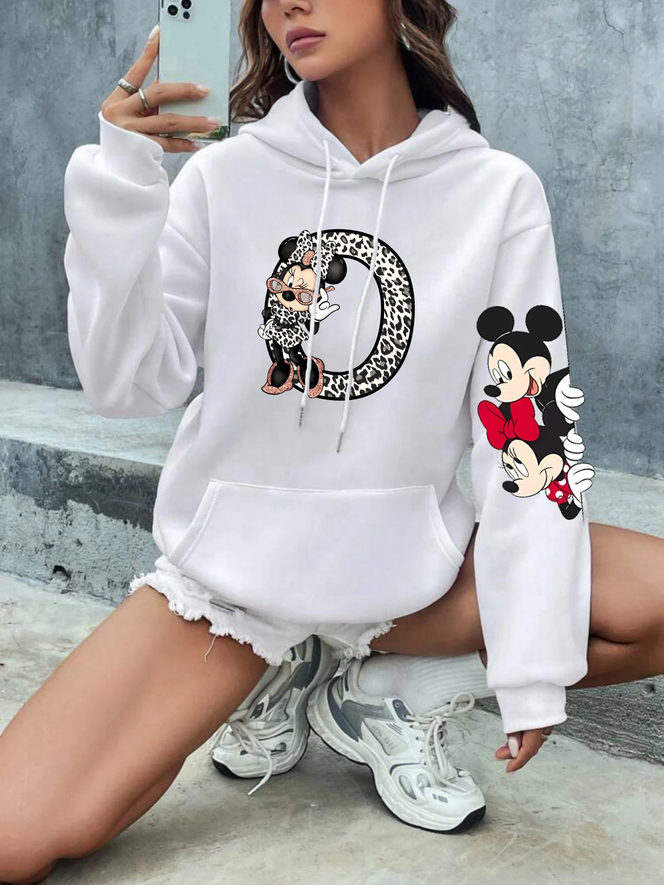 Leopard Minnie Mouse Disney A-Z 26 English Letters Hoodie Woman Clothing Y2k Clothes Long Sleeve Y2k Women\'s Sweatshirts Hoodies